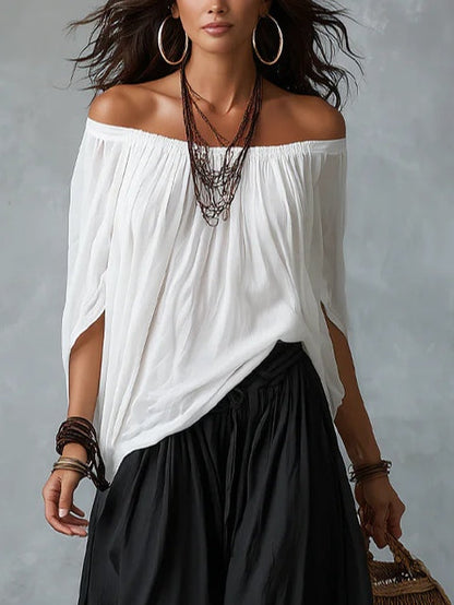 Conjunto Blanco de Top con Hombros Descubiertos y Pantalón Holgado