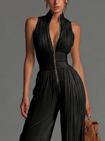 Jumpsuit Negro de Chifón con Escote V y Pierna Ancha