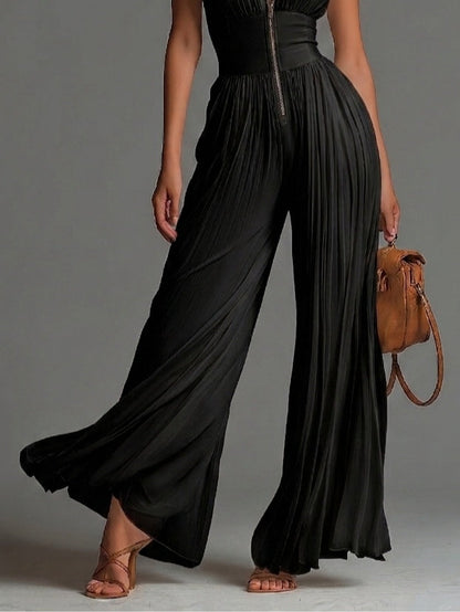 Jumpsuit Negro de Chifón con Escote V y Pierna Ancha